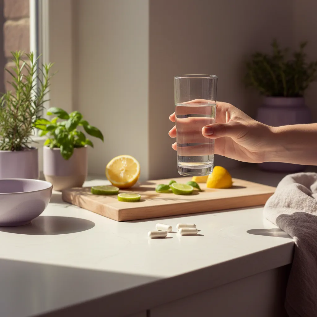 Händer håller ett glas vatten och kapslar på ett ljust kök, Skandinavisk stilkänsla